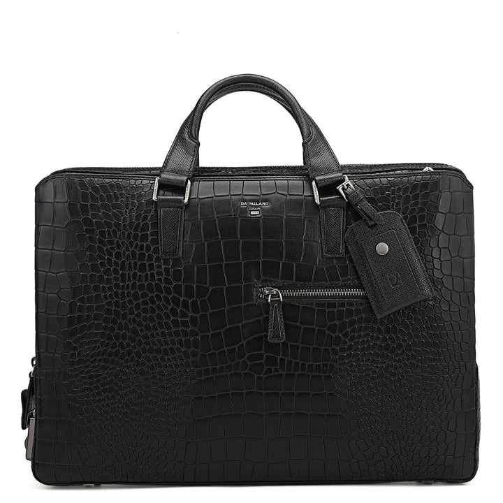 Croco Leather Laptop Bag - Black