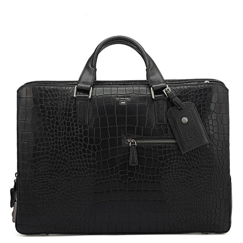 Croco Leather Laptop Bag - Black