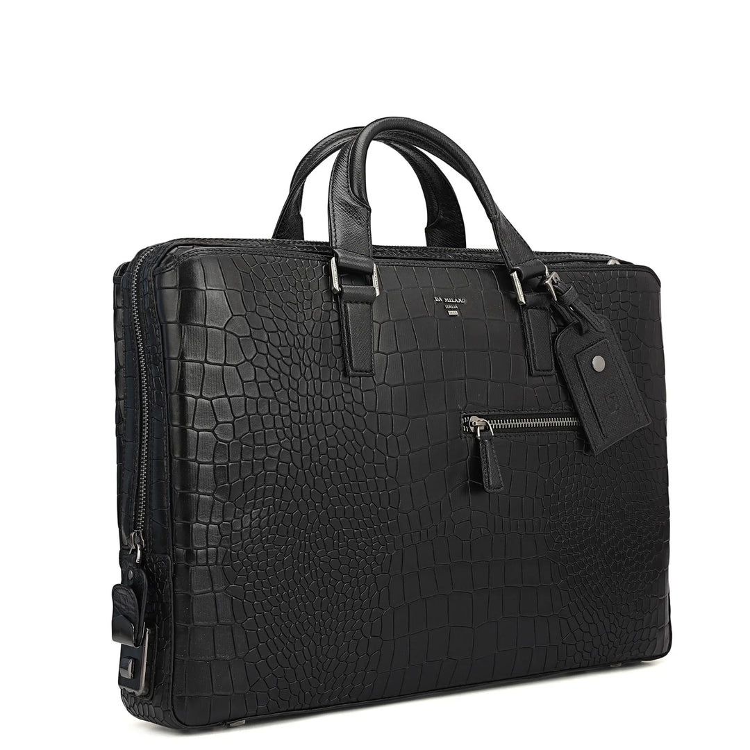 Croco Leather Laptop Bag - Black