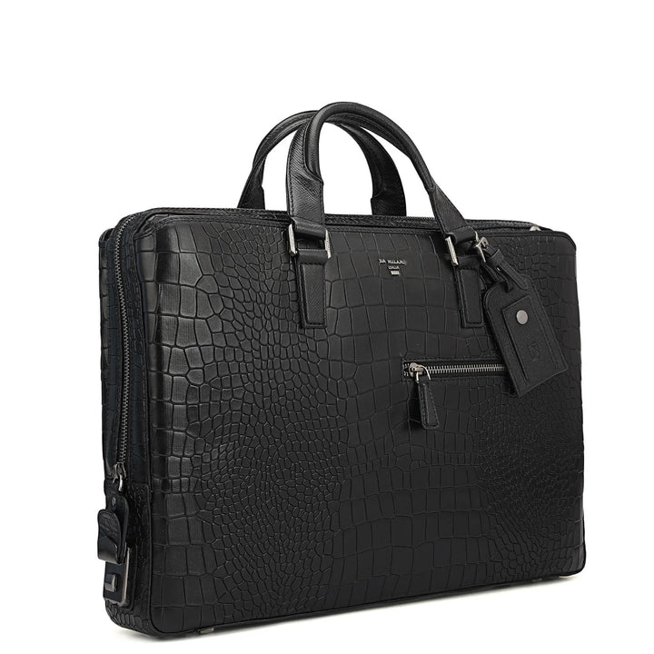 Croco Leather Laptop Bag - Black