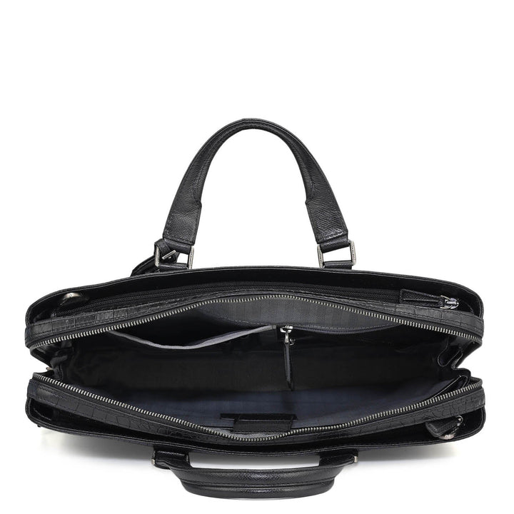 Croco Leather Laptop Bag - Black