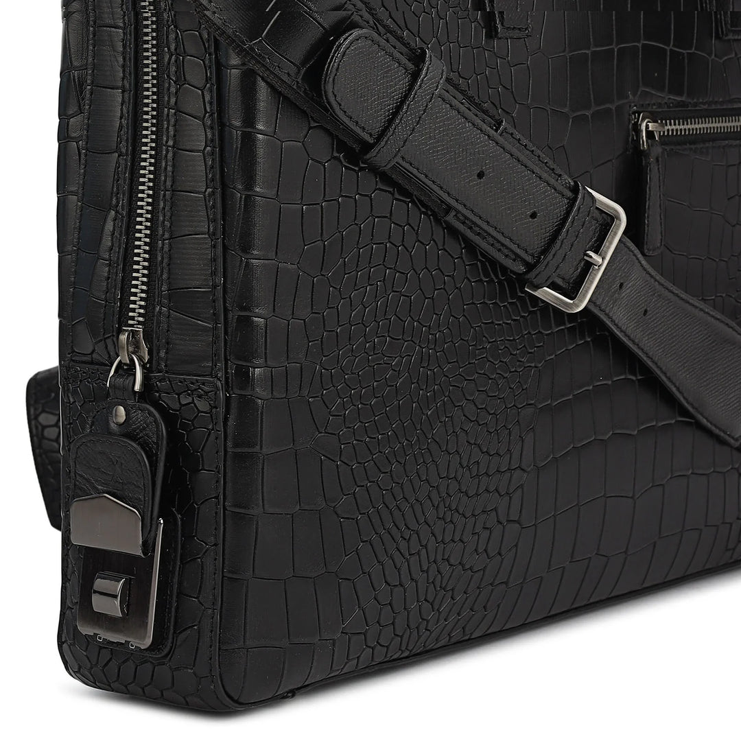 Croco Leather Laptop Bag - Black