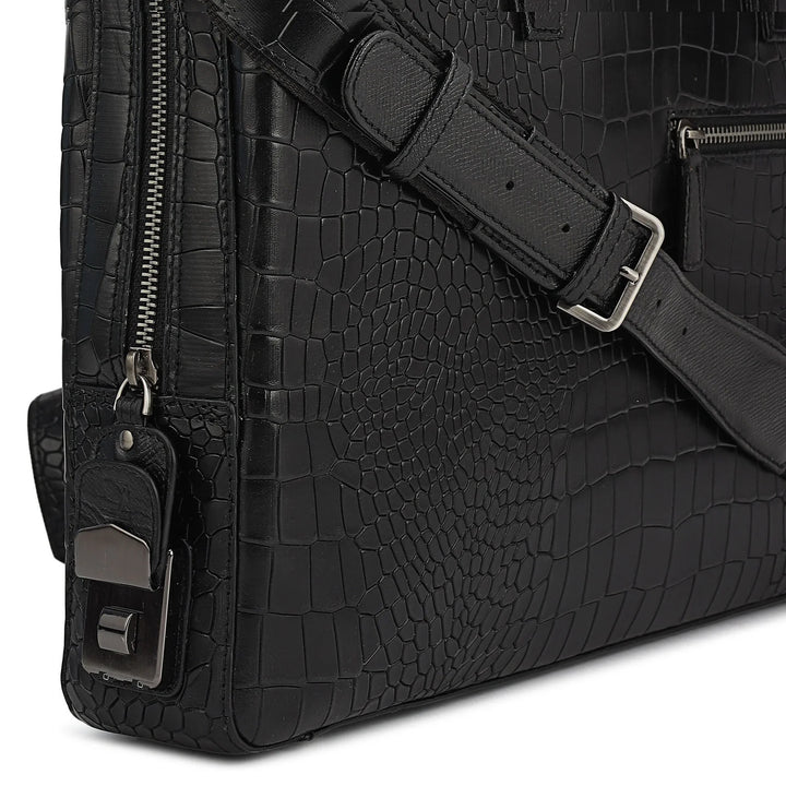 Croco Leather Laptop Bag - Black