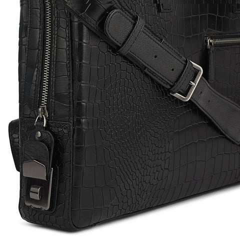 Croco Leather Laptop Bag - Black
