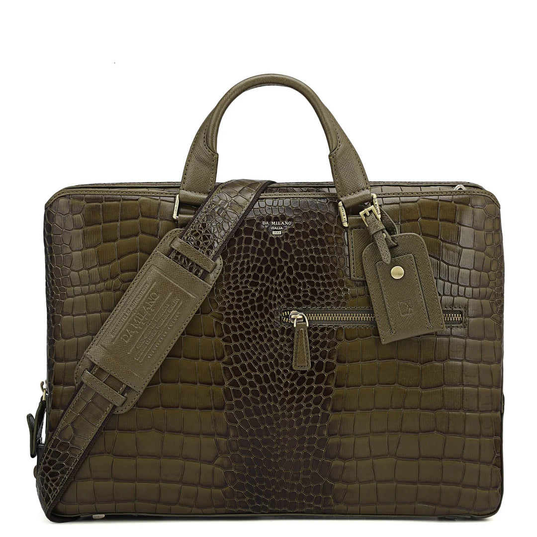 Croco Leather Laptop Bag - Military Green