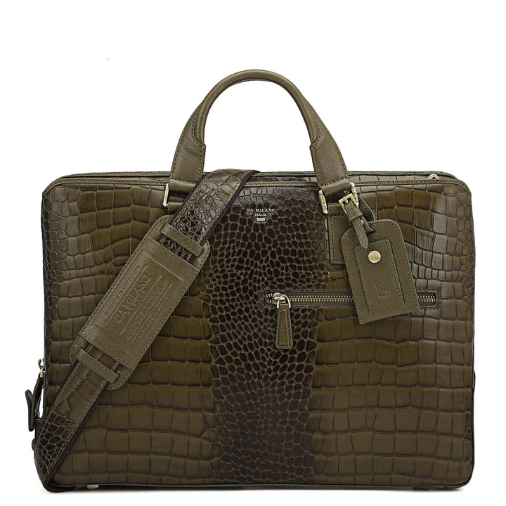 Croco Leather Laptop Bag - Military Green