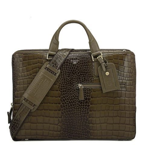 Croco Leather Laptop Bag - Military Green