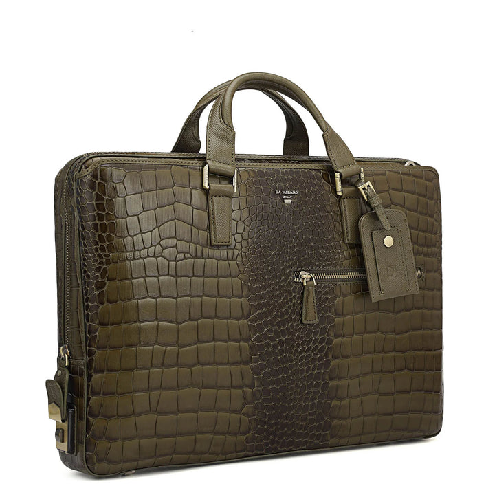 Croco Leather Laptop Bag - Military Green
