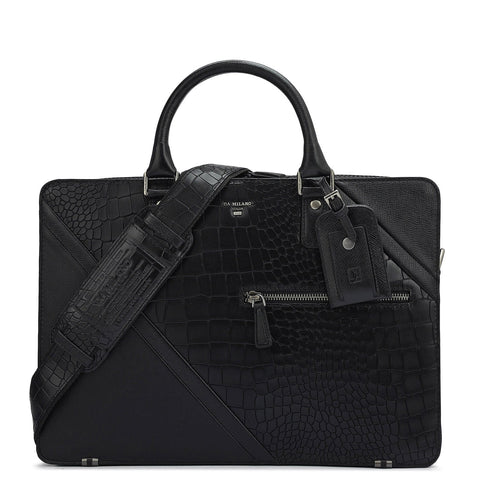 Croco Franzy Leather Laptop Bag - Black