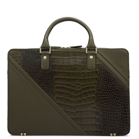 Croco Franzy Leather Laptop Bag - Military Green