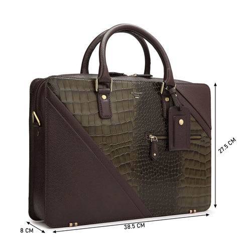 Military Green Croco Franzy Leather Computer Bag - Upto 15
