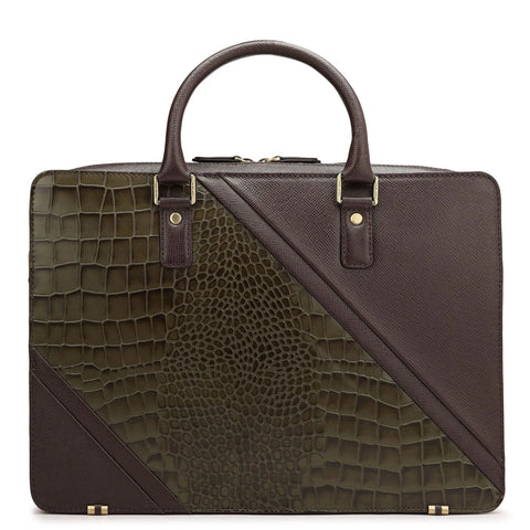Military Green Croco Franzy Leather Computer Bag - Upto 15