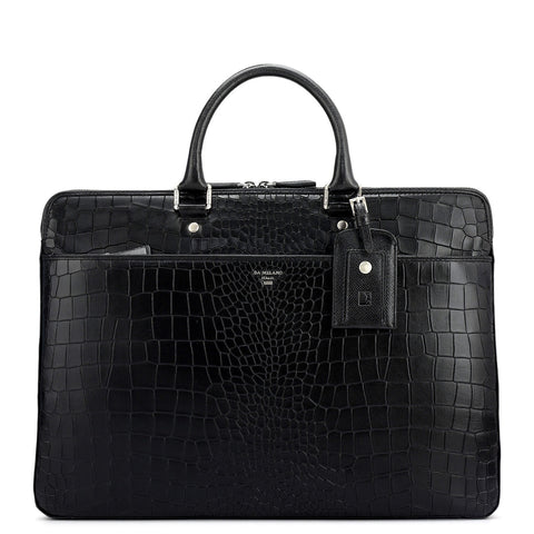 Croco Franzy Leather Laptop Bag - Black