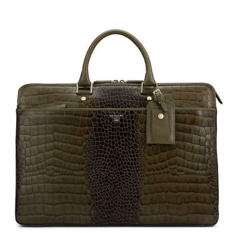 Croco Franzy Leather Laptop Bag - Military Green