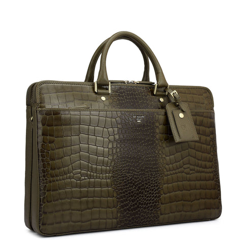 Croco Franzy Leather Laptop Bag - Military Green