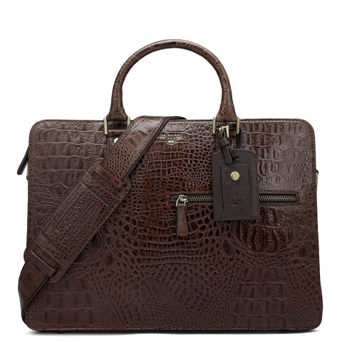 Croco Leather Laptop Bag - Brown