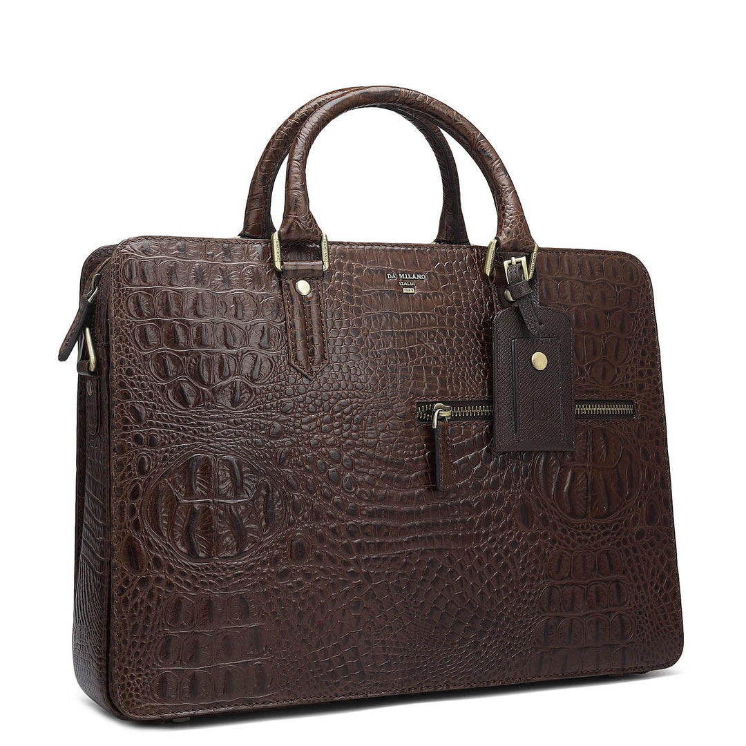 Croco Leather Laptop Bag - Brown