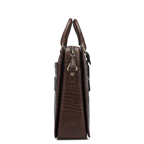 Croco Leather Laptop Bag - Brown