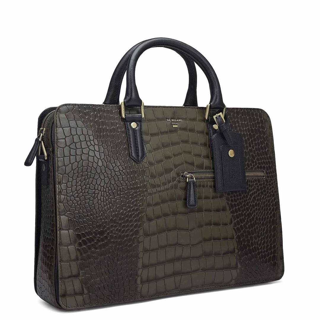 Croco Leather Laptop Bag - Military Green