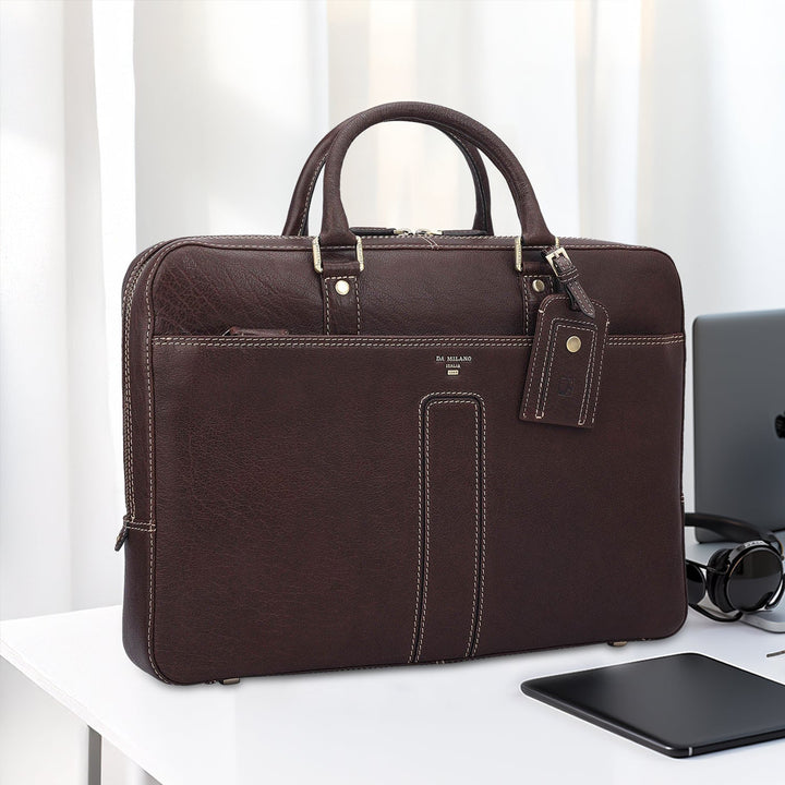 Elephant Pattern Leather Laptop Bag - Brown
