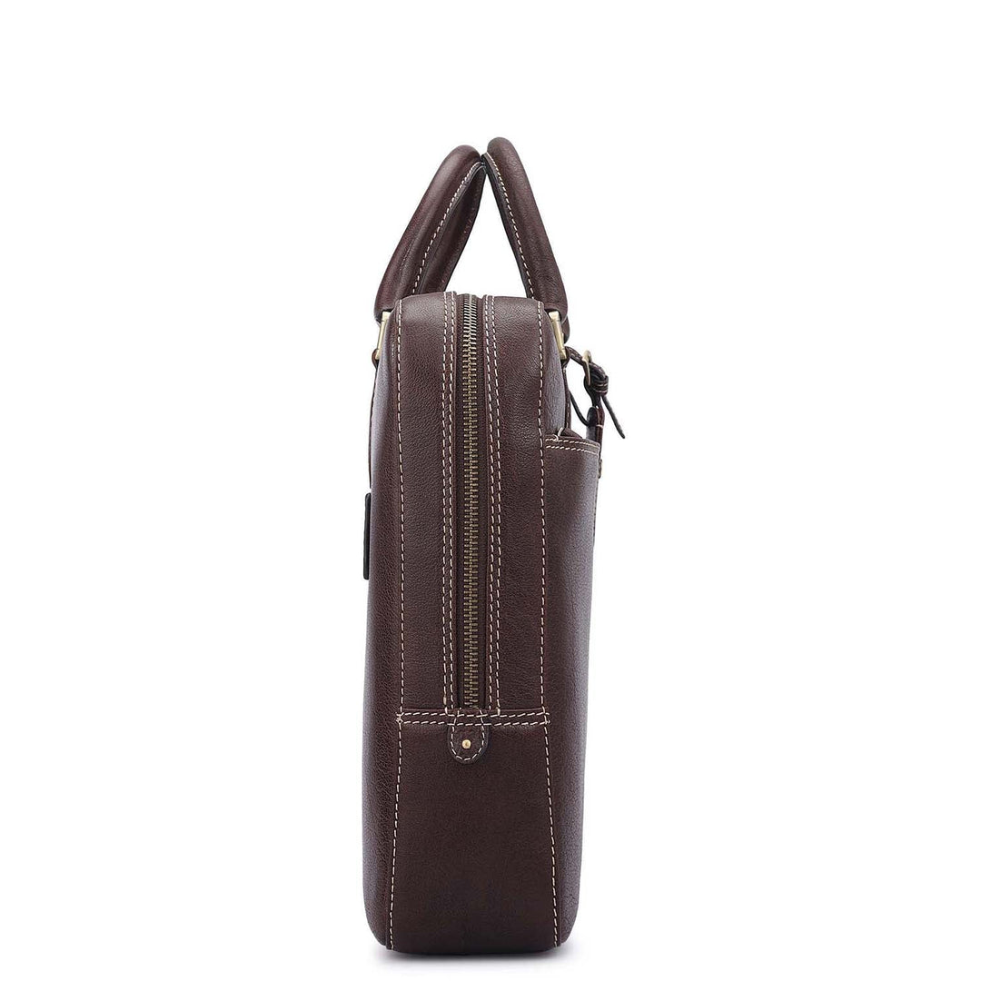 Elephant Pattern Leather Laptop Bag - Brown