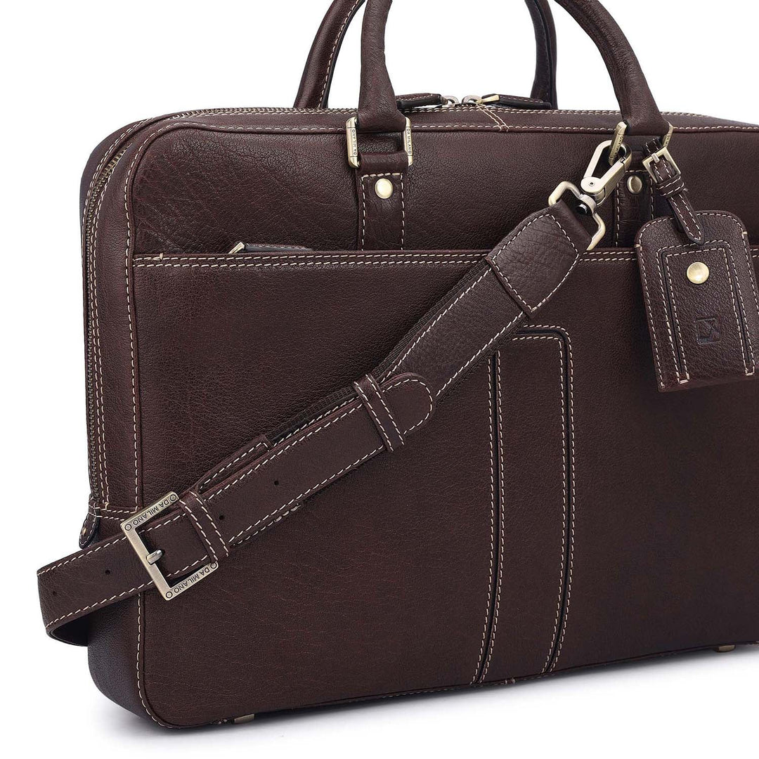 Elephant Pattern Leather Laptop Bag - Brown