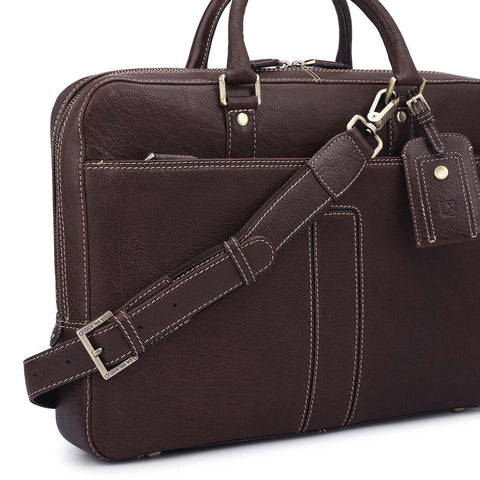 Elephant Pattern Leather Laptop Bag - Brown