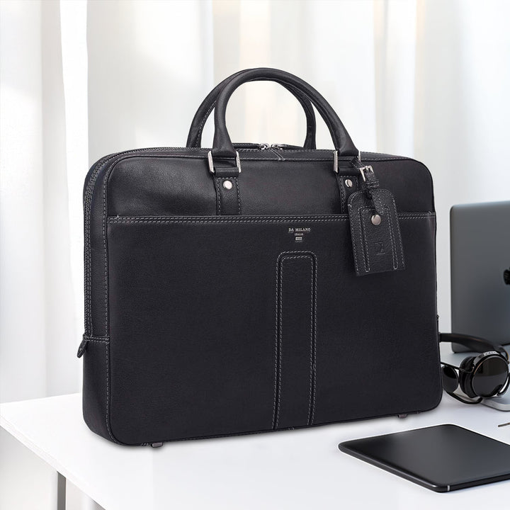 Elephant Pattern Leather Laptop Bag - Navy