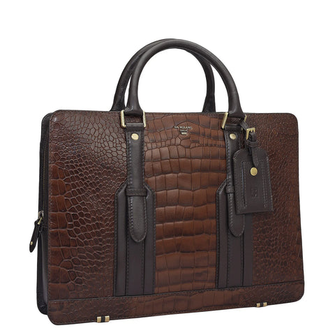 Croco Leather Laptop Bag - Brown