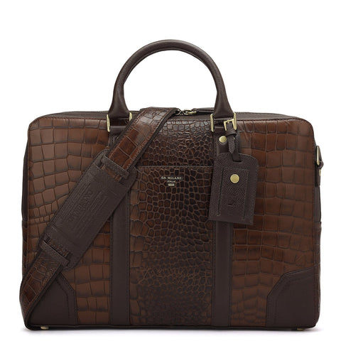 Da Milano Leather Laptop Bag - Croco Franzy - Brown