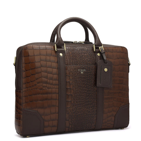 Da Milano Leather Laptop Bag - Croco Franzy - Brown