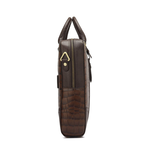 Da Milano Leather Laptop Bag - Croco Franzy - Brown