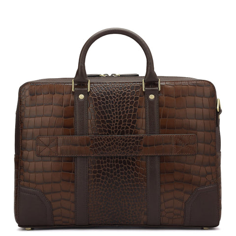 Da Milano Leather Laptop Bag - Croco Franzy - Brown