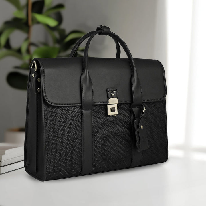 Mat Emboss Plain Leather Laptop Bag - Black