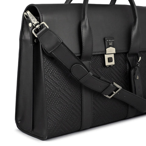 Mat Emboss Plain Leather Laptop Bag - Black