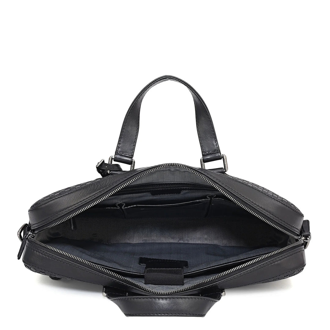 Mat Plain Leather Laptop Bag - Black