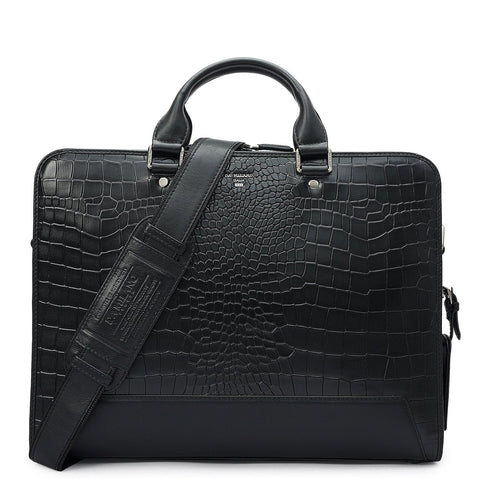 Croco Leather Laptop Bag - Black