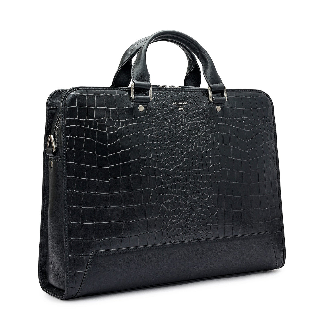Croco Leather Laptop Bag - Black