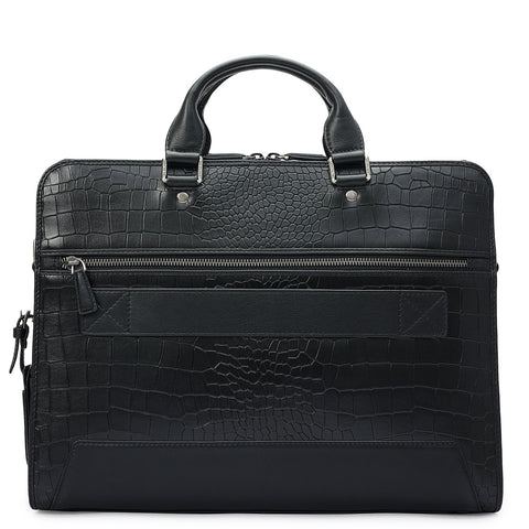 Croco Leather Laptop Bag - Black
