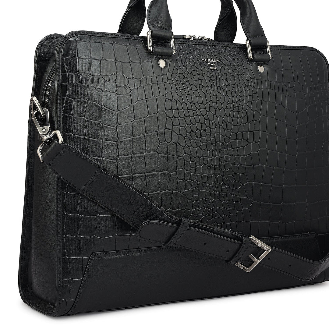 Croco Leather Laptop Bag - Black