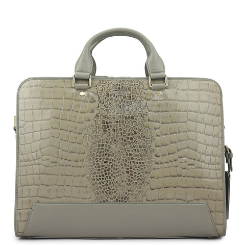 Croco Leather Laptop Bag - Stone Grey