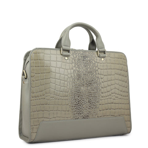 Croco Leather Laptop Bag - Stone Grey