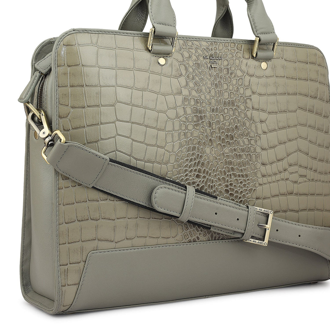 Croco Leather Laptop Bag - Stone Grey