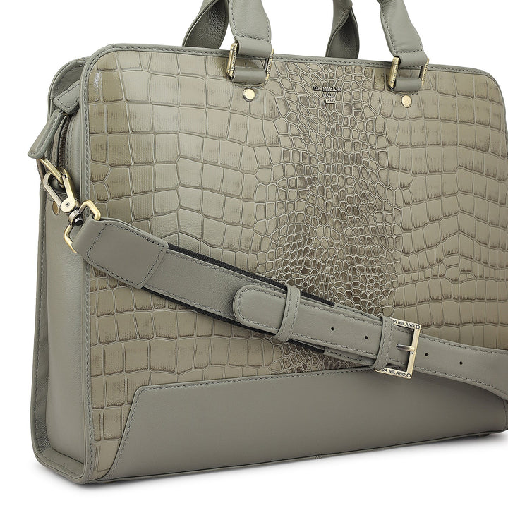 Croco Leather Laptop Bag - Stone Grey