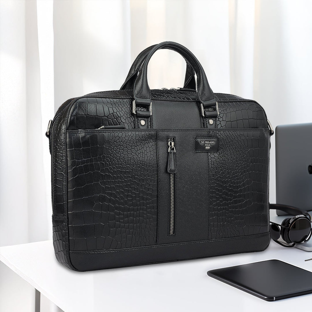 Croco Franzy Leather Laptop Bag - Black