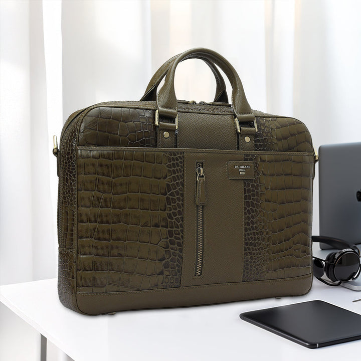 Croco Franzy Leather Laptop Bag - Military Green