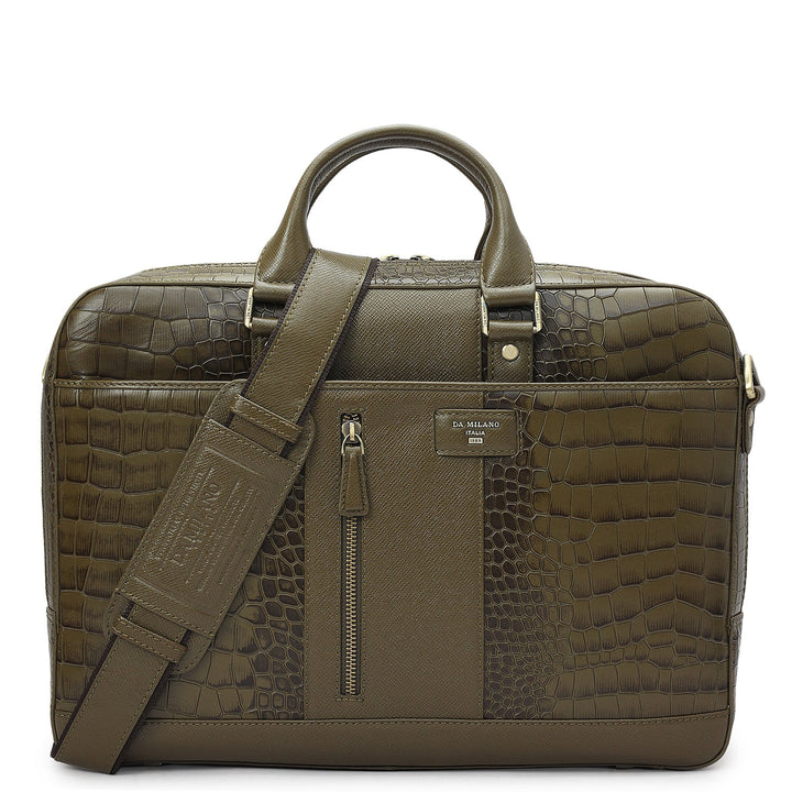Croco Franzy Leather Laptop Bag - Military Green