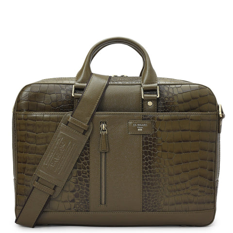 Croco Franzy Leather Laptop Bag - Military Green