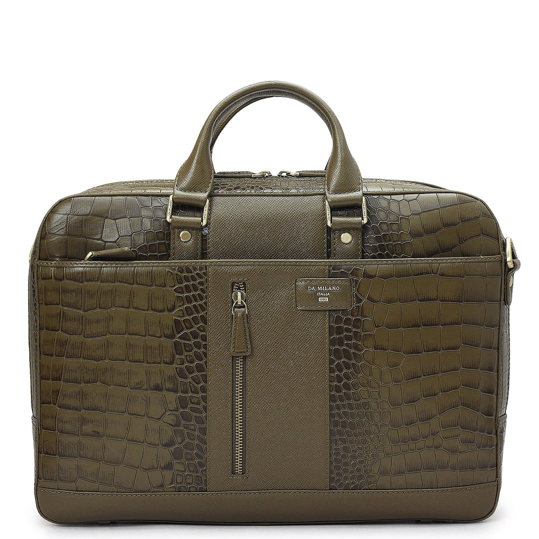 Croco Franzy Leather Laptop Bag - Military Green