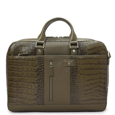 Croco Franzy Leather Laptop Bag - Military Green